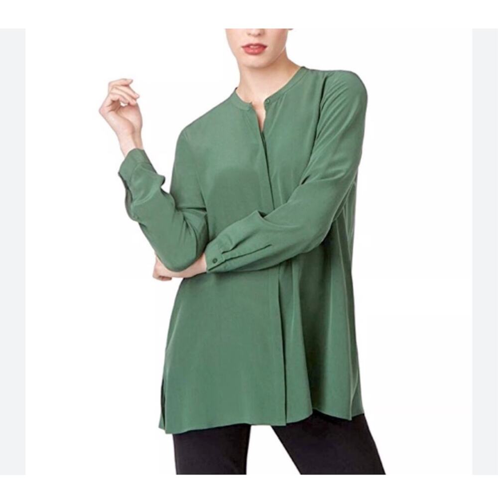 Eileen Fisher‎ Stretch Silk Charmeuse Mandarin Collar Shirt Elm Green Size Small